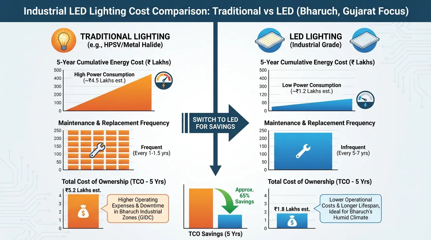 Cost Comparison: Traditional vs LED Lighting in Bharuch Infographic