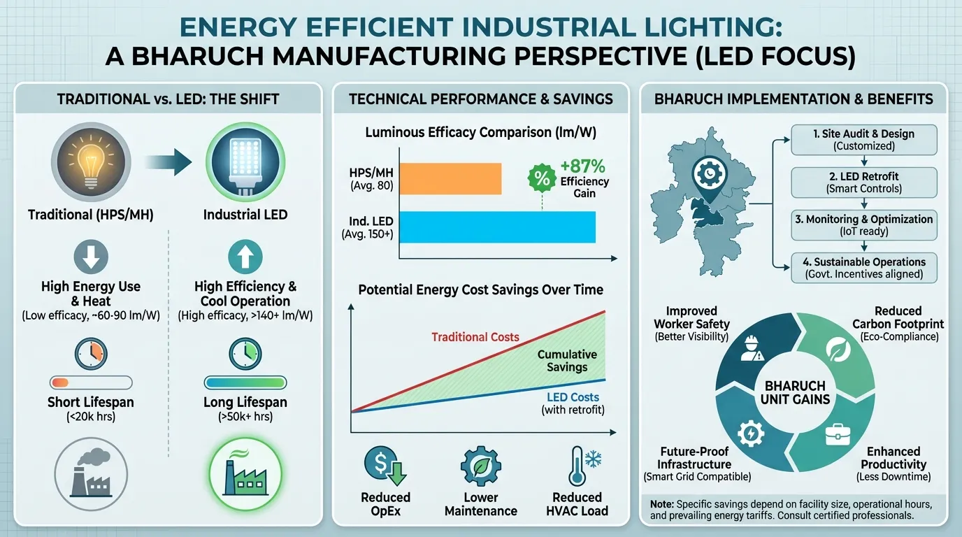 Energy Efficient Industrial Lighting for Bharuch Manufacturing Units Infographic