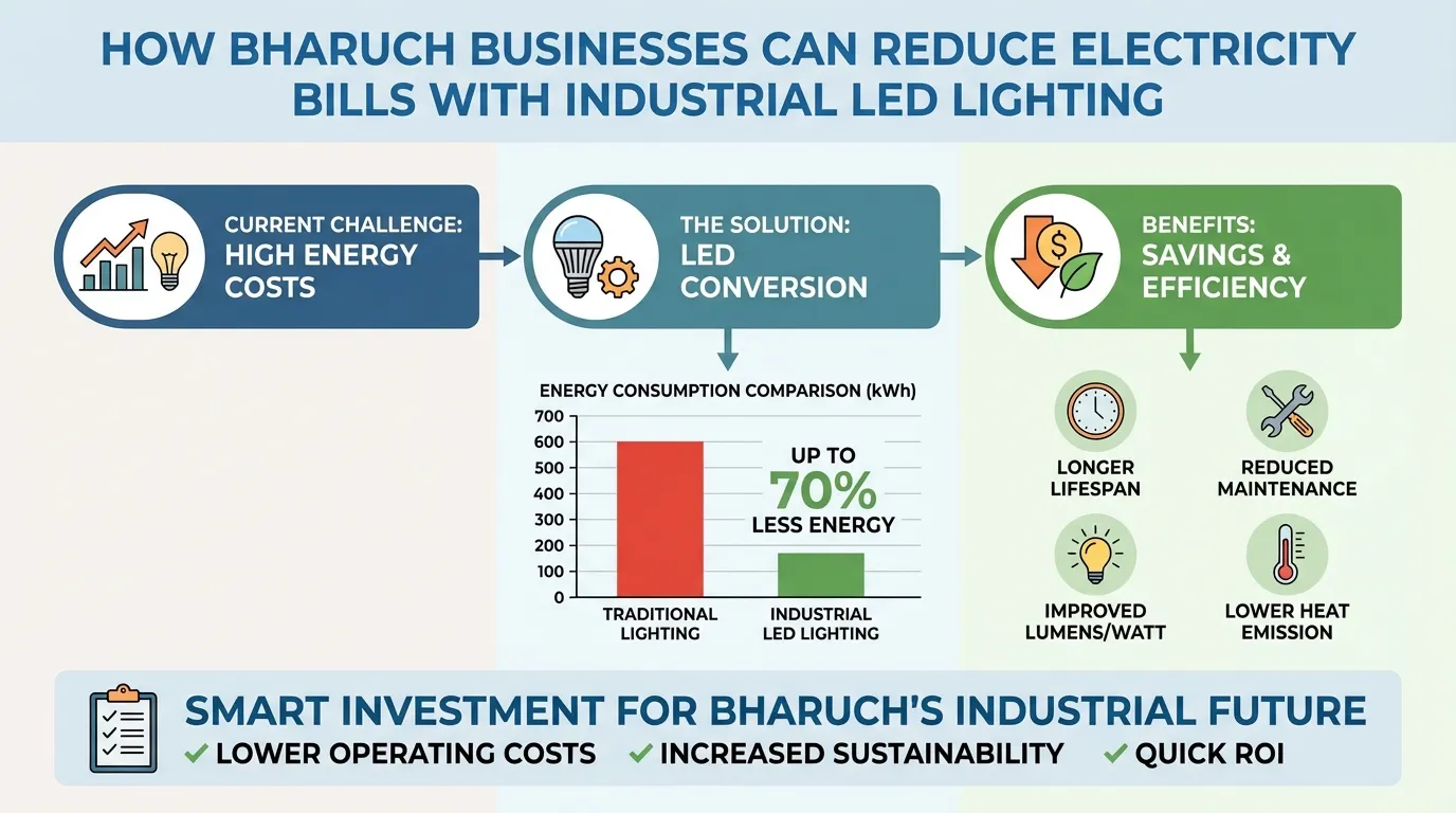 How Bharuch Businesses Can Reduce Electricity Bills with LED Lighting Infographic