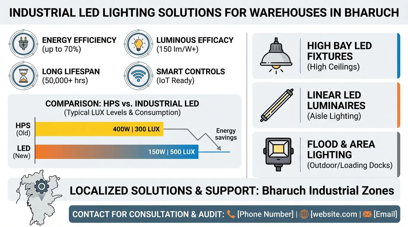 Industrial LED Lighting Solutions for Warehouses in Bharuch Infographic