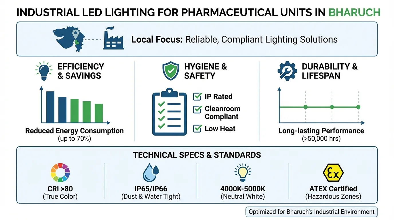 Industrial LED Lights for Pharmaceutical Units in Bharuch Infographic