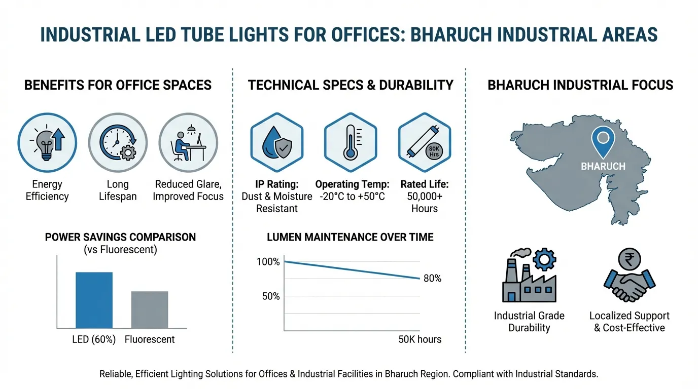 Industrial LED Tube Lights for Offices in Bharuch Industrial Areas Infographic