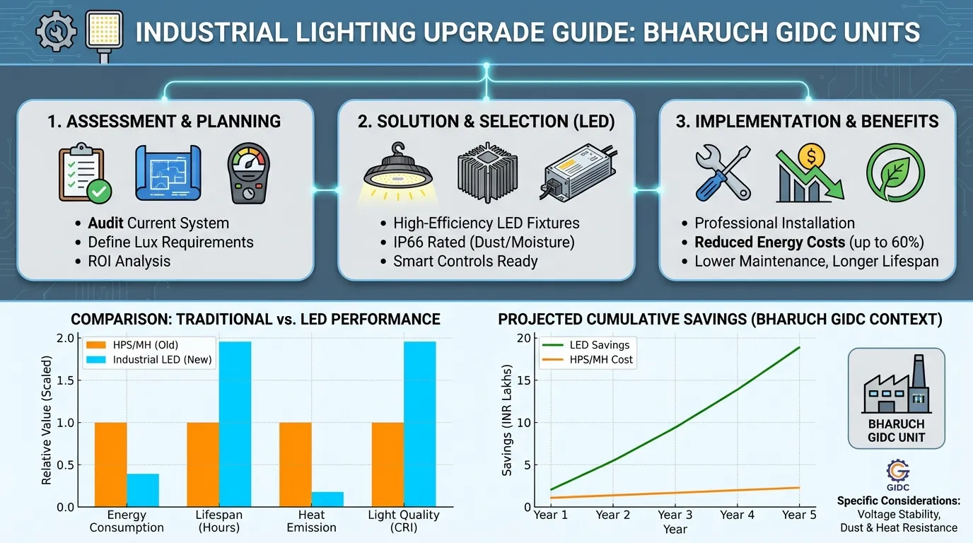 Industrial Lighting Upgrade Guide for Bharuch GIDC Units Infographic